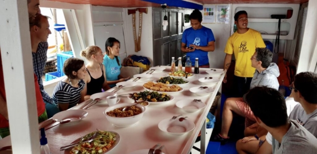 Enjoying a feast on our boat