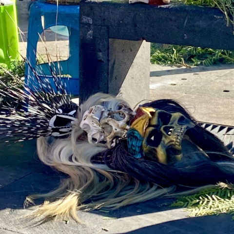 Skull mask of the Aztec street performers